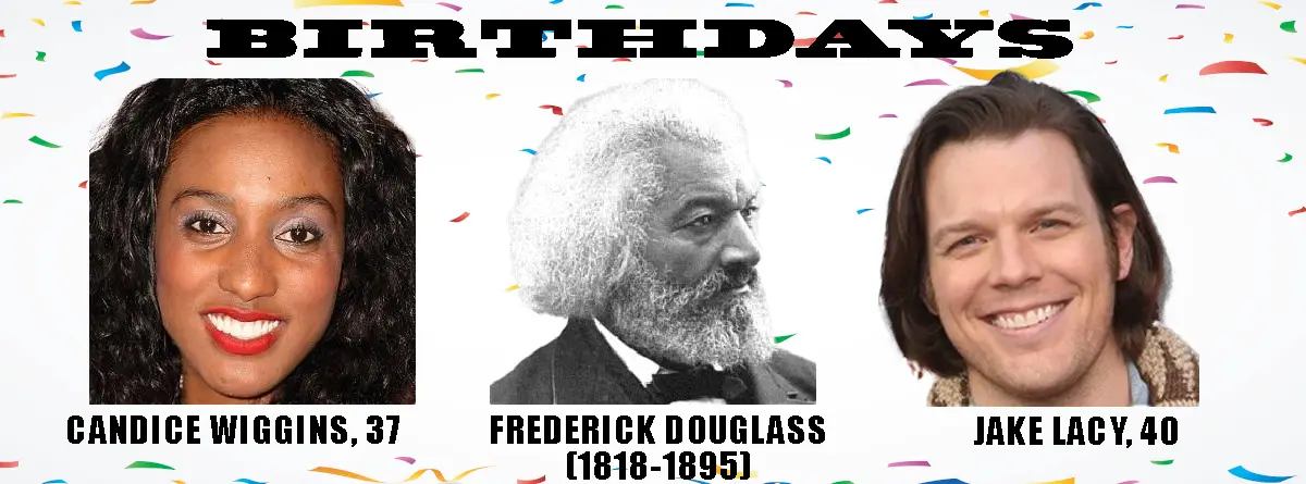 A birthday-themed image with confetti background showing three headshots: Candice Wiggins (37), Frederick Douglass…