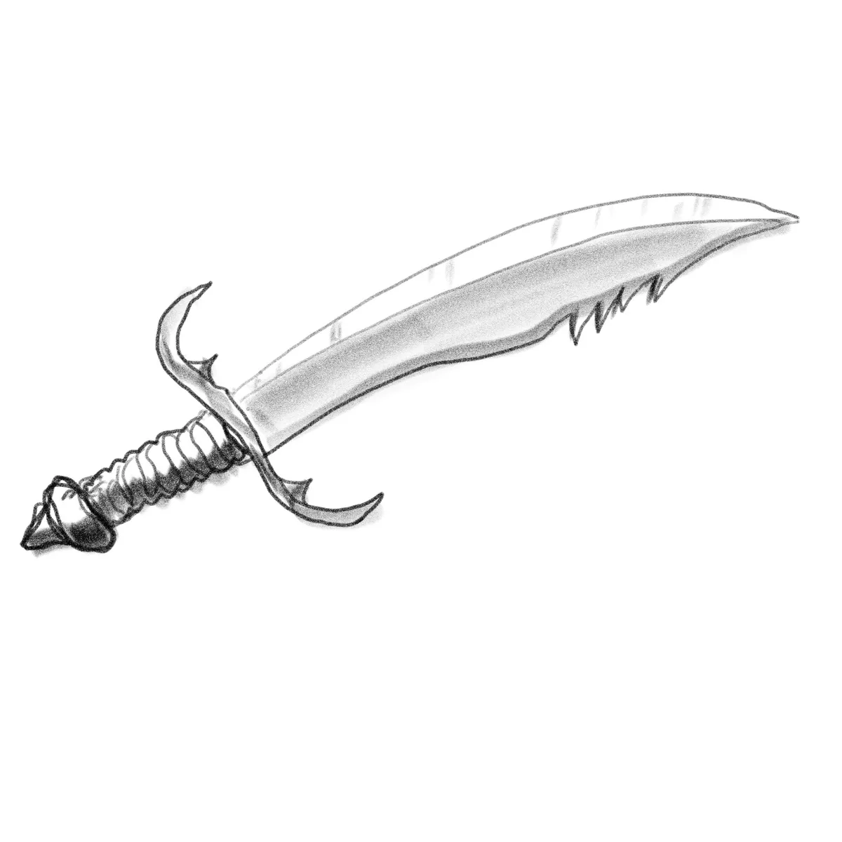 A black-and-white pencil sketch of a curved, serrated sword with a decorative hilt and pommel, angled diagonally across a…