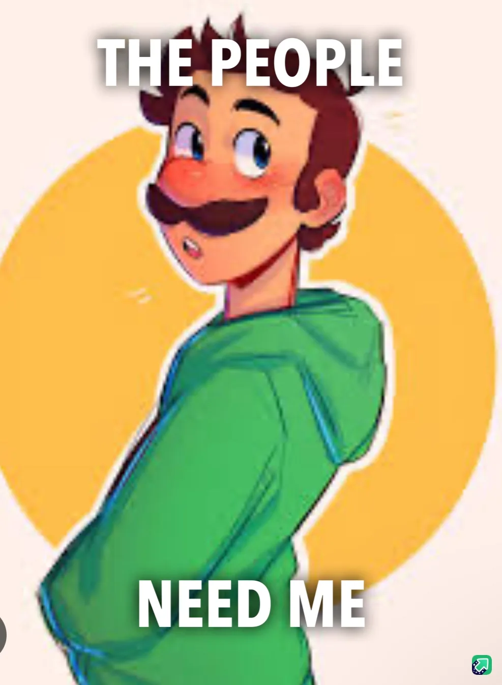 An animated character with brown hair, a mustache, and a green hoodie is shown in profile, looking over their shoulder with…