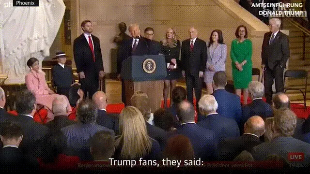 The image is a split-screen meme. The top half shows Donald Trump at a podium during his inauguration, with family and…