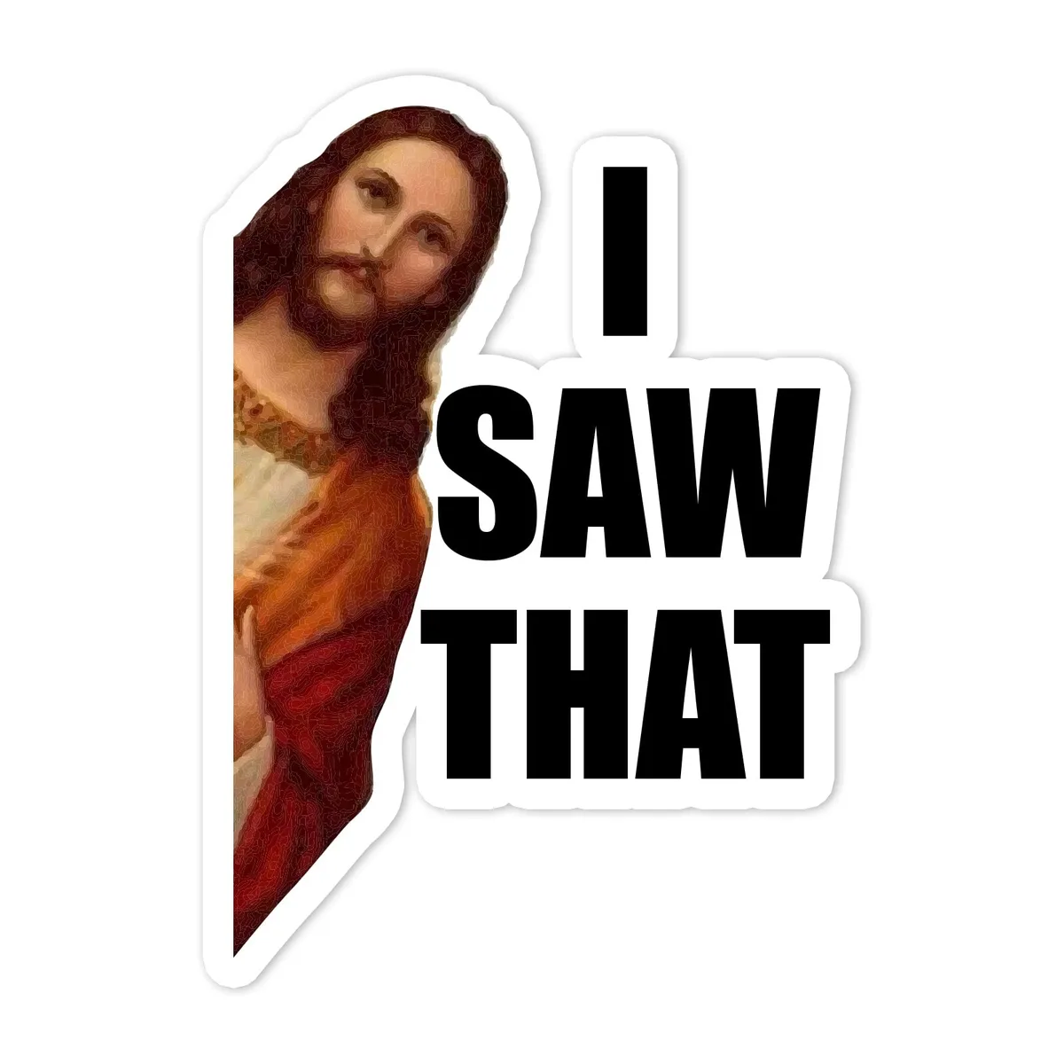A sticker-style image features a classical painting of Jesus Christ looking upward and to the side, overlaid with bold black…
