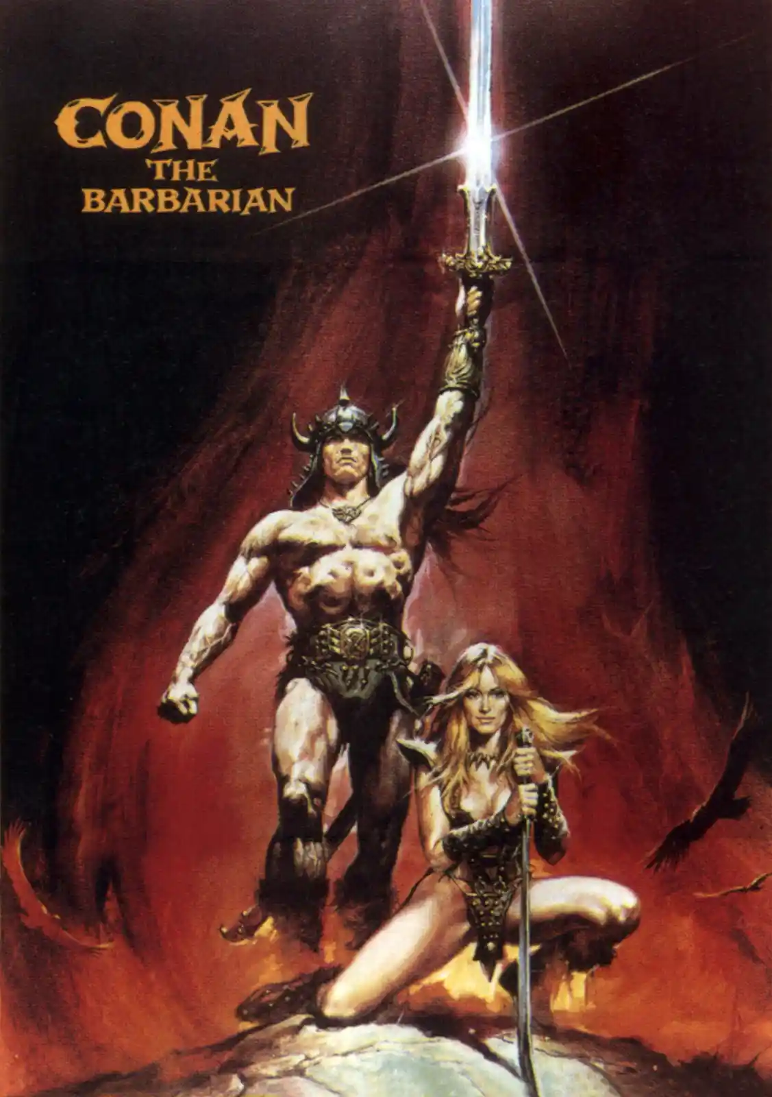 A dramatic fantasy illustration shows a muscular, horned warrior, Conan, raising a glowing sword high against a fiery red…
