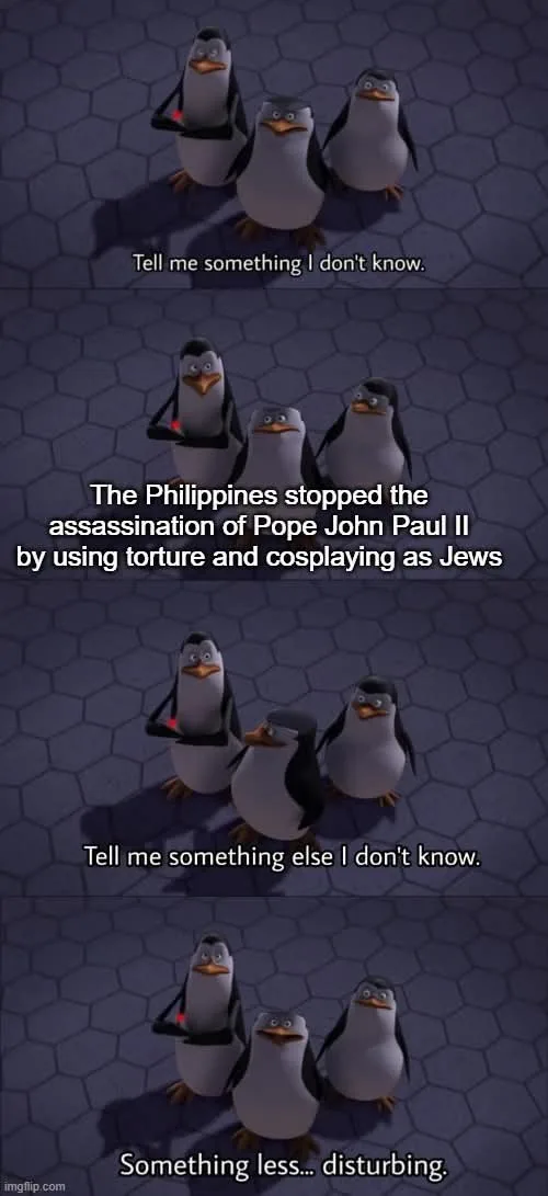A four-panel meme featuring animated penguins from 'Madagascar' in a dimly lit hexagonal room. In the first panel, one…