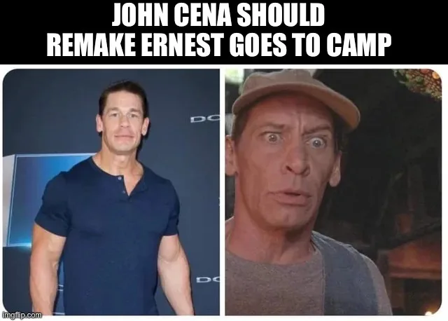 The image is a split-screen meme. On the left, John Cena is shown in a dark blue shirt, smiling calmly. On the right, a man…