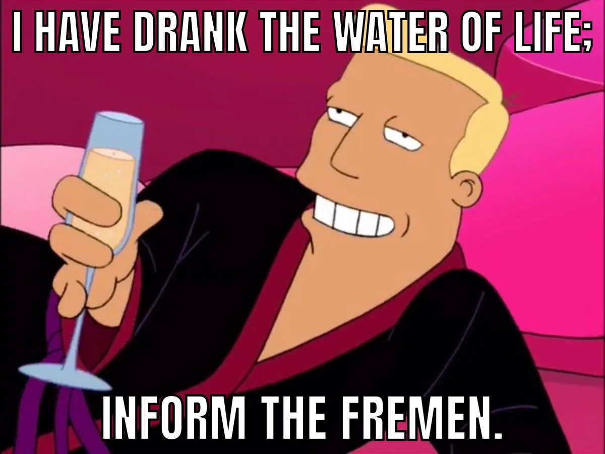 A cartoon man with blond hair, wearing a black robe with red trim, sits on a pink couch holding a champagne flute. He has a…