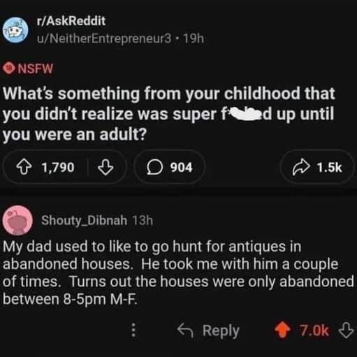 A screenshot of a Reddit post from r/AskReddit, showing a question asking about childhood realizations. A reply by user…