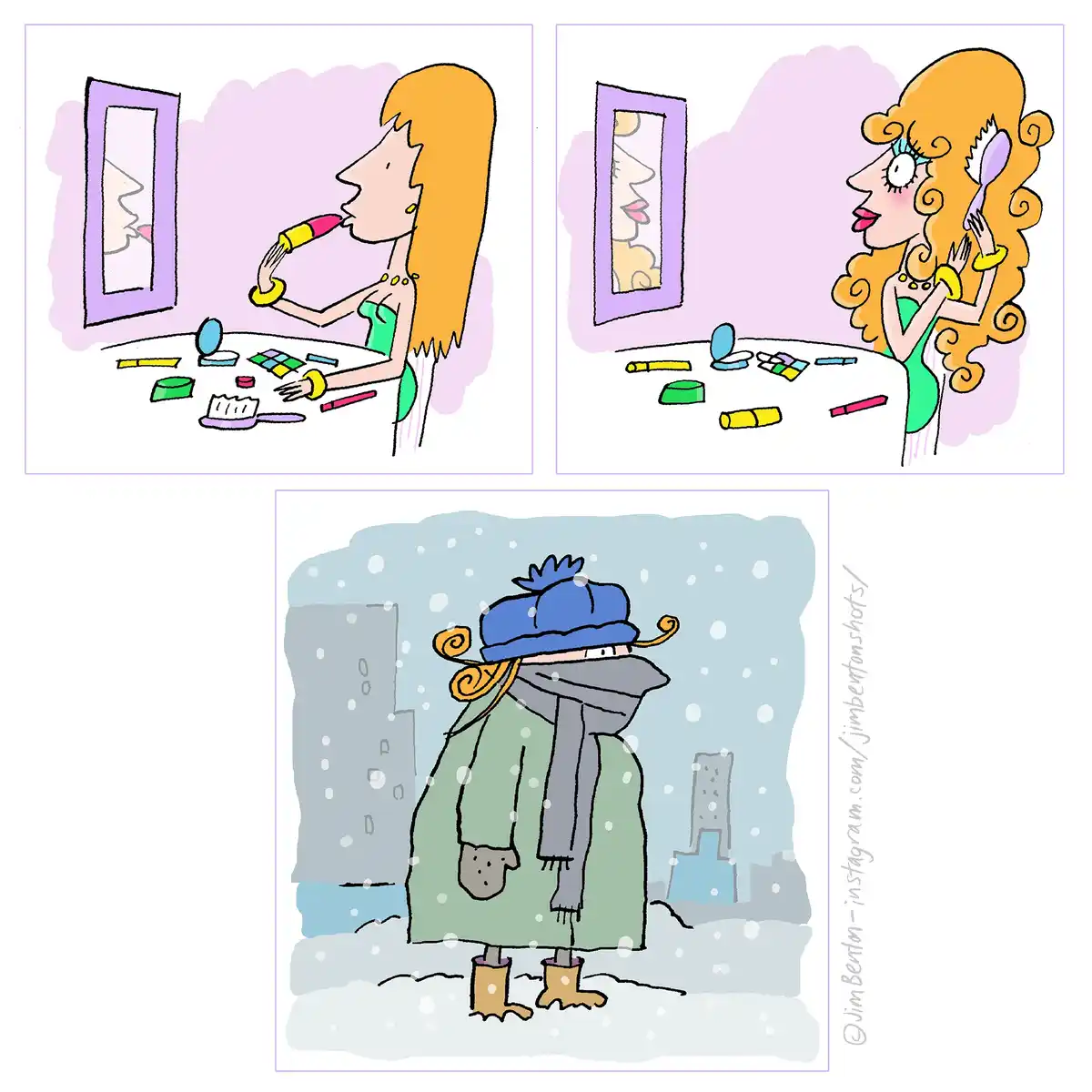 A three-panel cartoon shows a woman applying makeup indoors, then transforming into a glamorous, curly-haired version of…