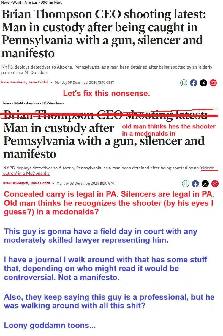 A screenshot of a news article about a man detained in Pennsylvania with a gun, silencer, and manifesto, overlaid with red…