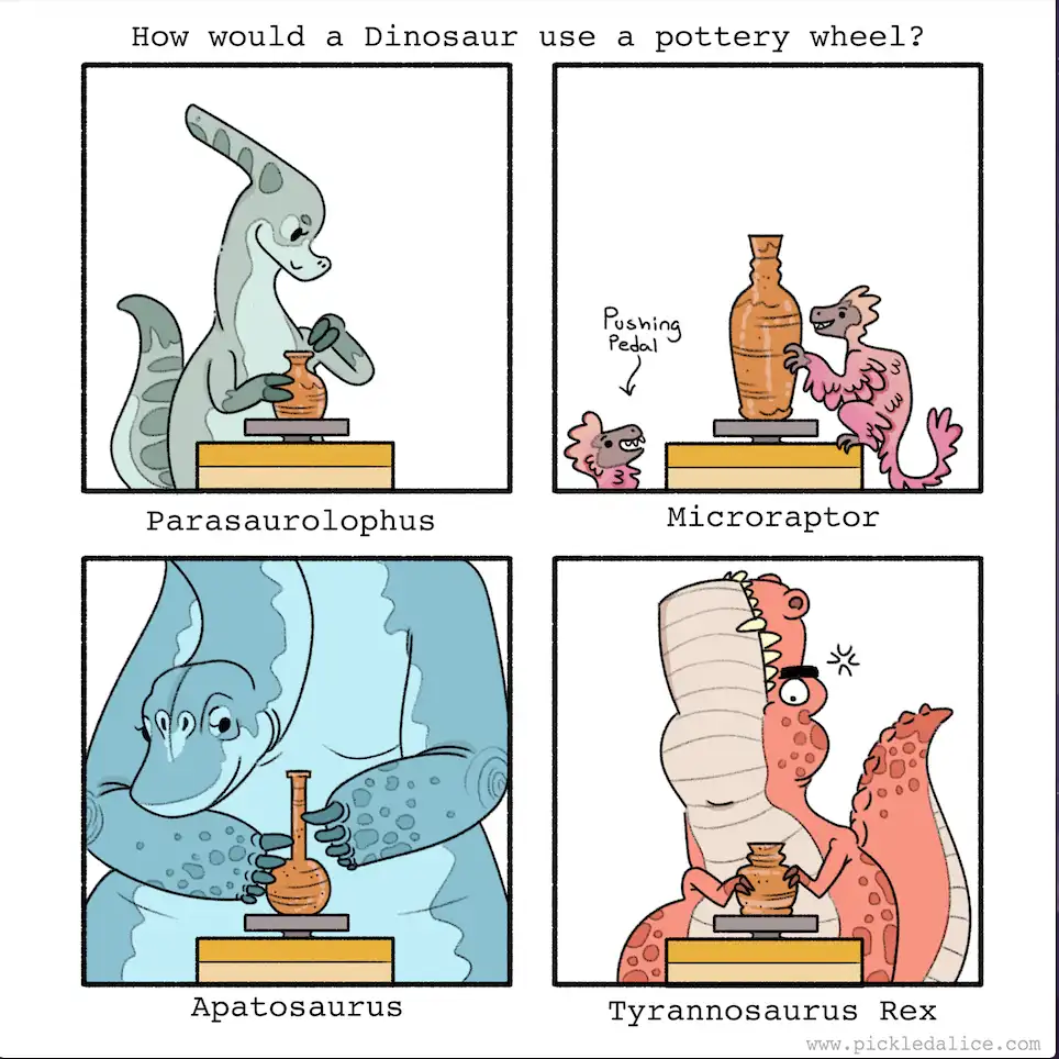 A four-panel comic shows different dinosaurs using a pottery wheel: a Parasaurolophus shapes clay calmly, a Microraptor…