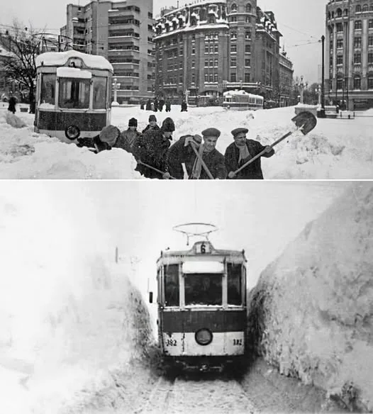 A black-and-white photo split into two panels: top shows several men shoveling snow to clear a path for a tram, bottom shows…