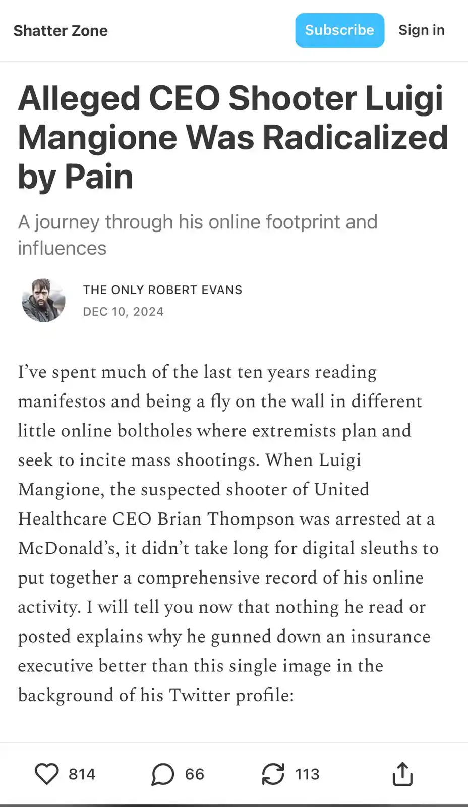 The image shows a screenshot of a Shatter Zone article titled 'Alleged CEO Shooter Luigi Mangione Was Radicalized by Pain,'…