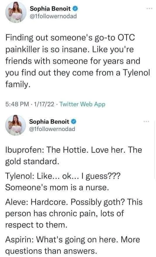 A screenshot of a Twitter thread by Sophia Benoit humorously categorizes over-the-counter painkillers based on personality…