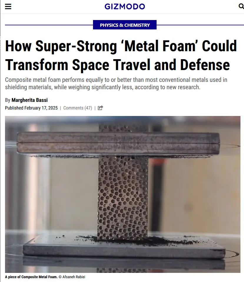 An image from a Gizmodo article shows a piece of composite metal foam, a porous metallic material, balancing on a flat…
