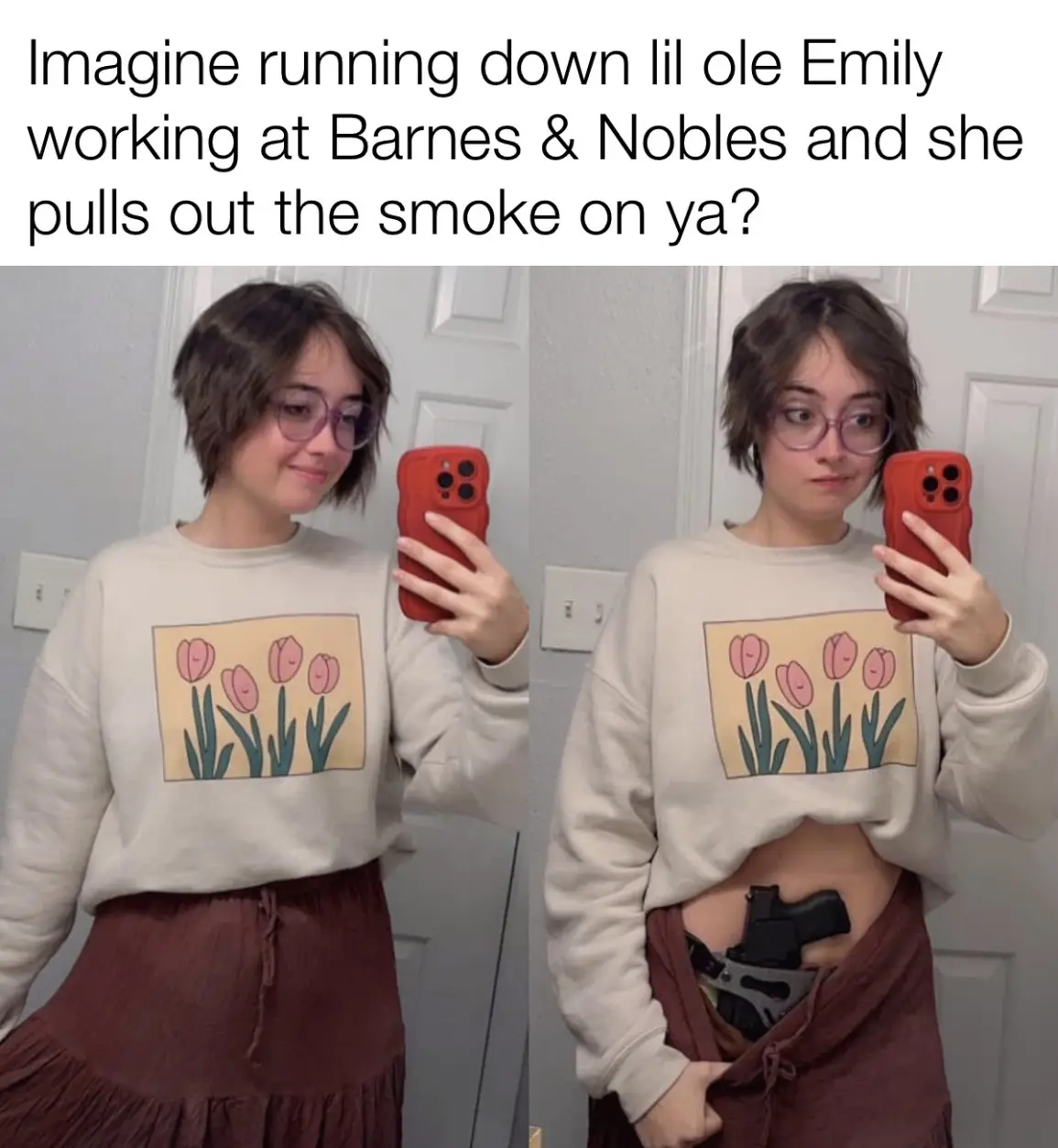 A split-image meme shows a woman taking a mirror selfie with a red phone. In the left panel, she wears a beige sweatshirt…