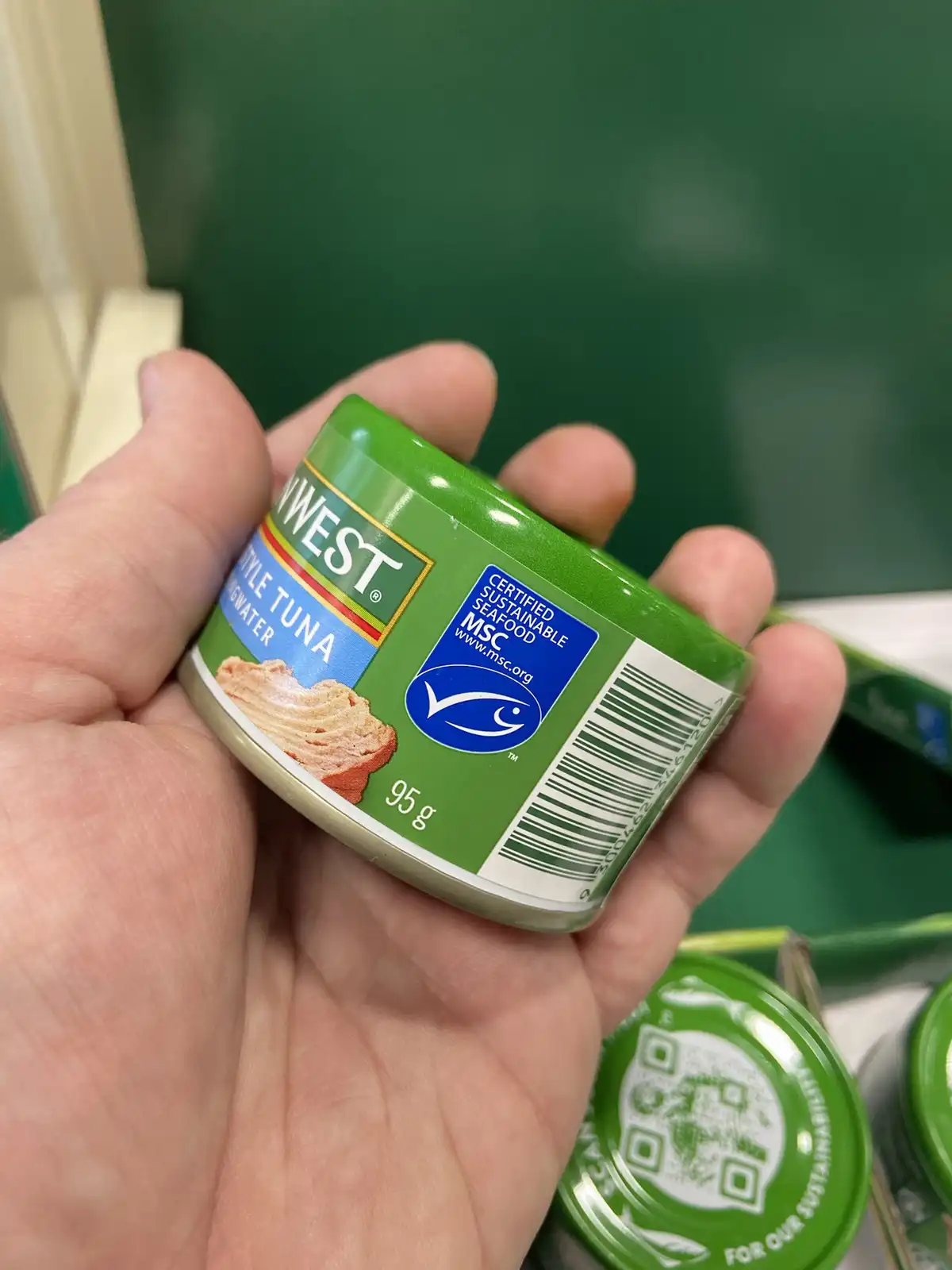 A person holds a small 95g can of 'West' brand tuna in their hand, showing the green label which prominently displays the…