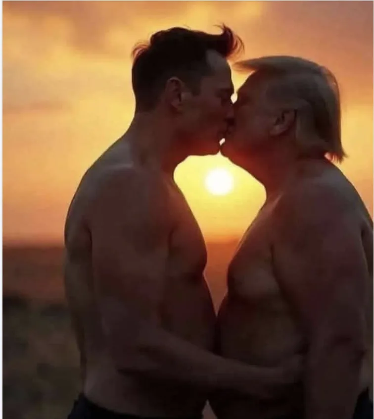 Two shirtless men, identifiable as Elton John and Donald Trump, are shown in silhouette kissing passionately against a warm…