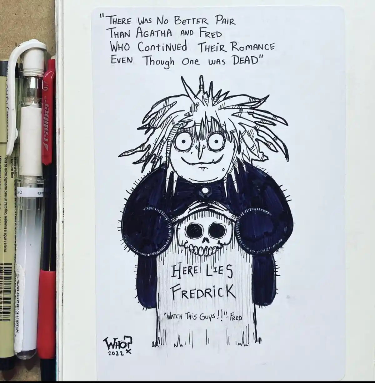 A hand-drawn black-and-white illustration shows a character with wild hair and a sinister grin holding a skull-shaped…