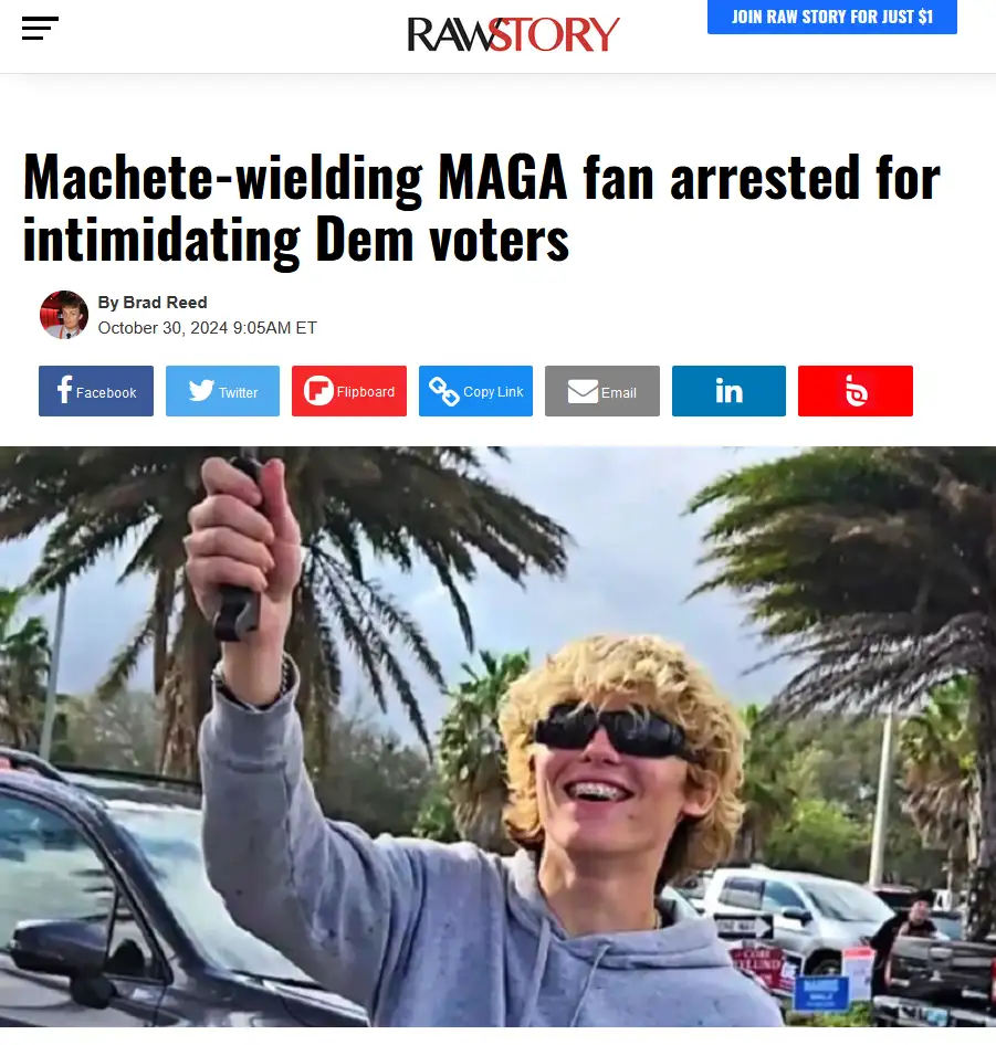 A screenshot of a Raw Story news article with the headline 'Machete-wielding MAGA fan arrested for intimidating Dem voters'…