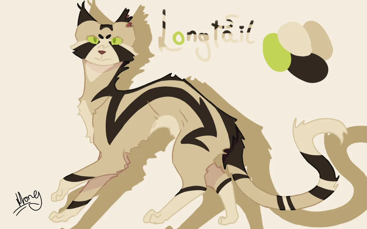 A stylized cartoon cat with tan and black stripes, green eyes, and a long striped tail is depicted in a crouching pose. The…