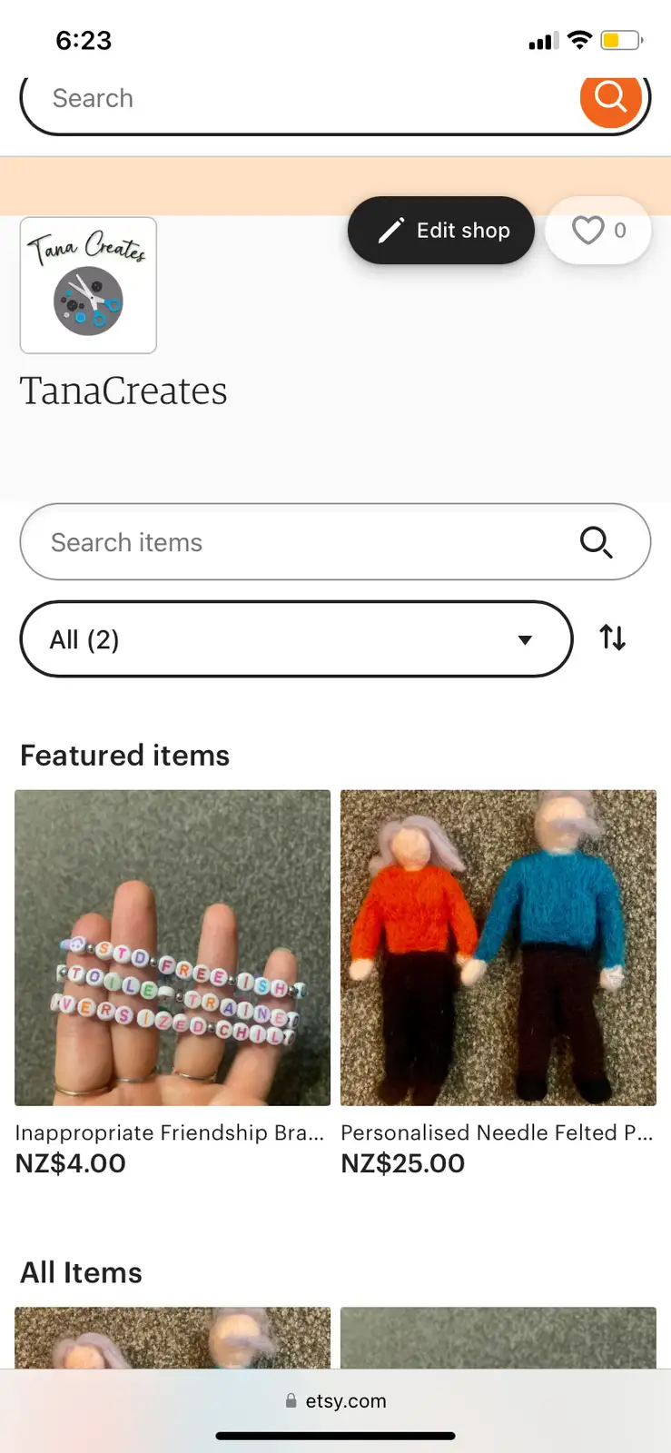 An Etsy shop page for 'TanaCreates' displays two featured items: a friendship bracelet with beads spelling 'STD FREE ISH…