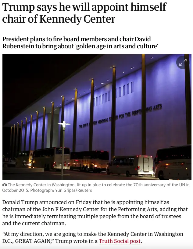 A nighttime photo of the Kennedy Center lit in blue, with buses and vans parked outside. Overlaid text reads 'Trump says he…