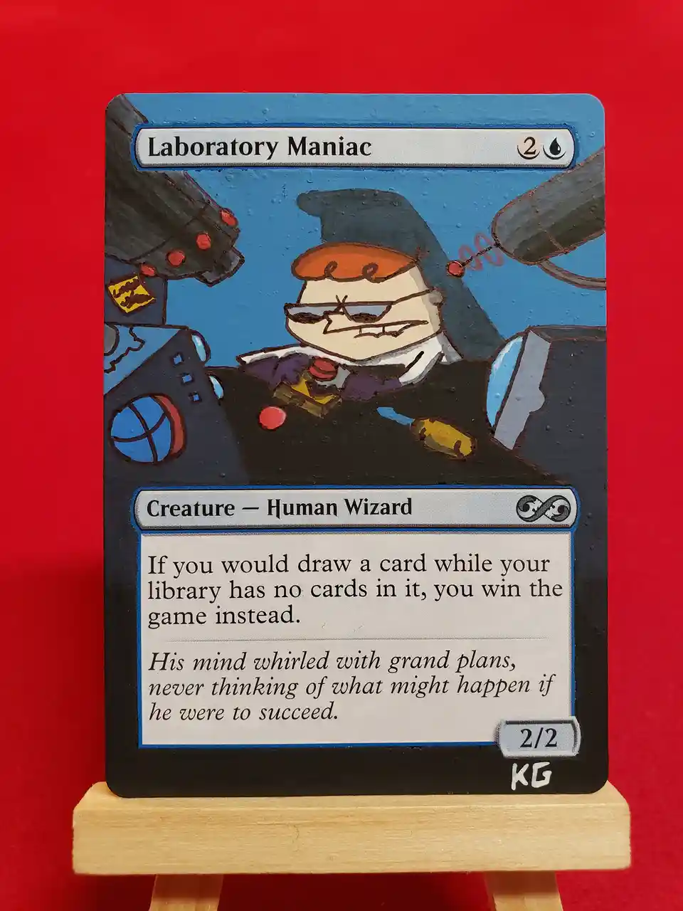 A hand-painted Magic: The Gathering card titled 'Laboratory Maniac' shows a cartoon wizard surrounded by lab equipment. The…