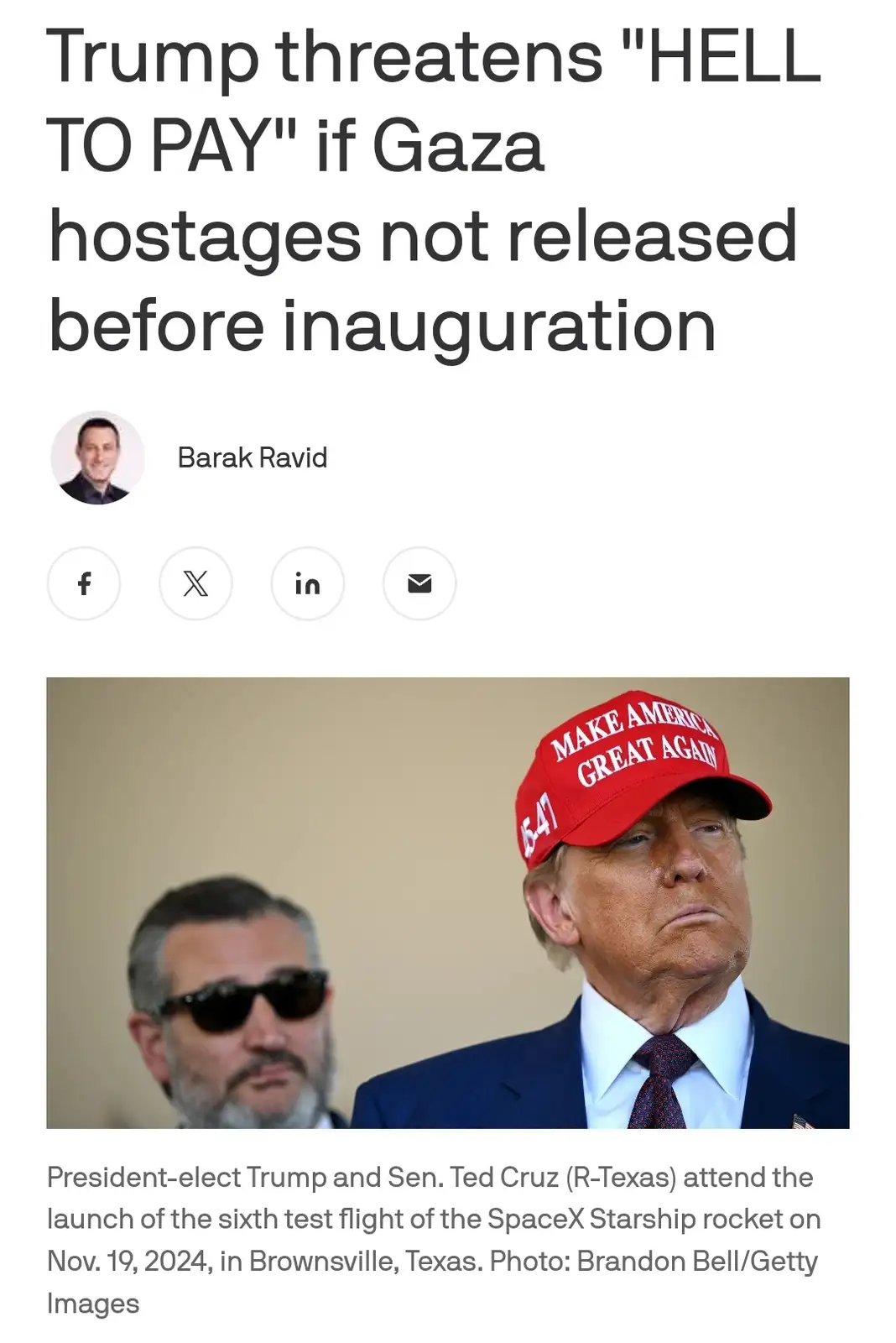 A screenshot of a news article shows a photo of Donald Trump wearing a red 'MAKE AMERICA GREAT AGAIN' cap with '5-47' on the…