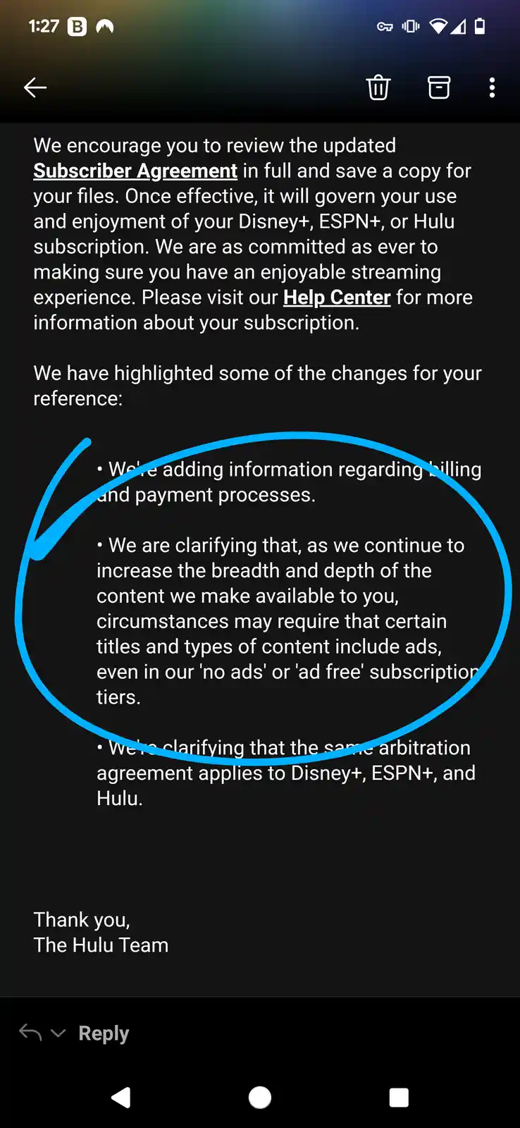 A screenshot of a Hulu subscriber agreement update notification, with a large blue circle highlighting the text that…