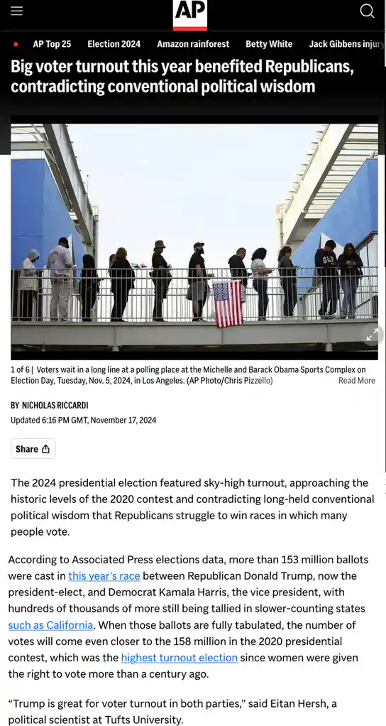 An Associated Press news article screenshot showing a long line of voters waiting at a polling place on Election Day…