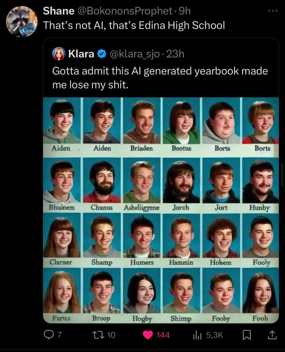 A screenshot of a tweet showing a yearbook-style grid of 20 photos of young people against a blue background, each with a…