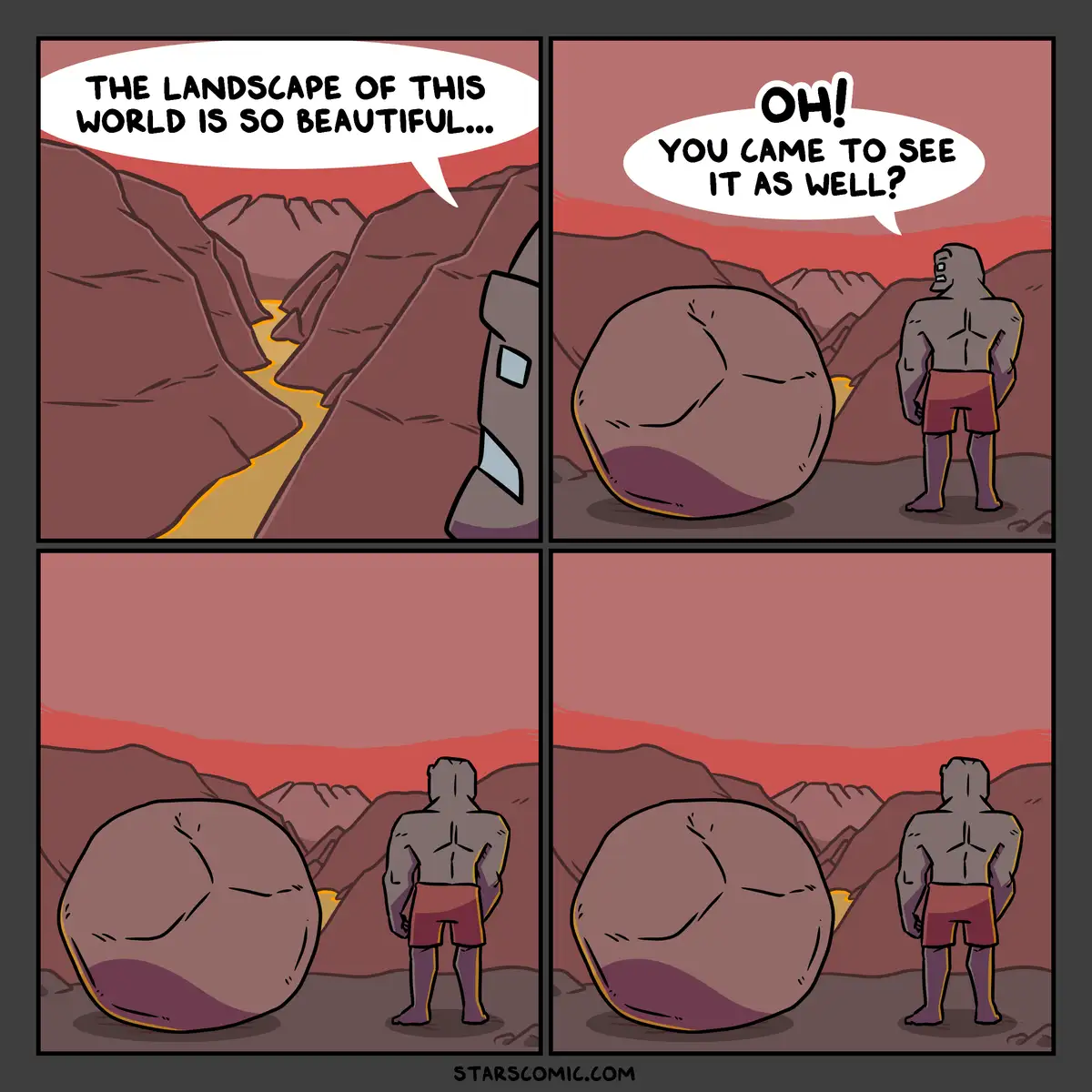 A four-panel comic shows a character admiring a canyon landscape, then noticing another character who is a large, round…
