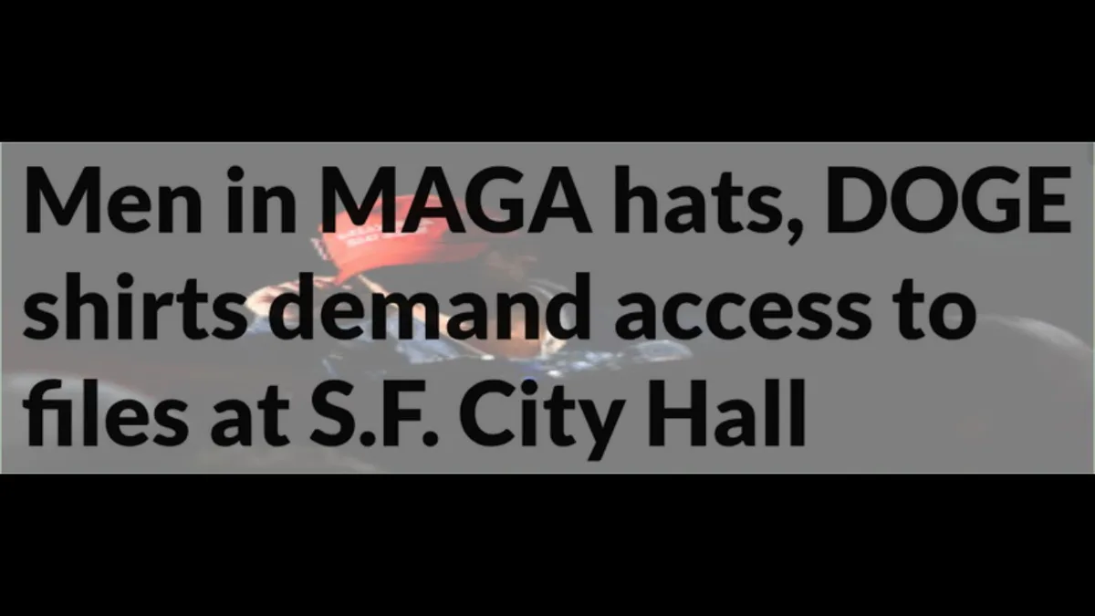 A blurry image of a person wearing a red MAGA hat and a DOGE shirt is overlaid with bold black text that reads 'Men in MAGA…