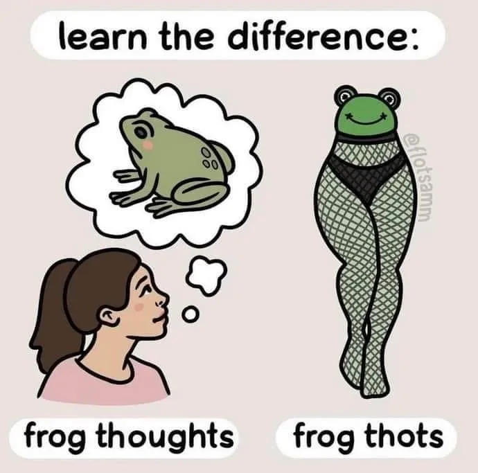 A cartoon woman looks up at a tall, slender figure wearing a frog-patterned bodysuit. A thought bubble above her head shows…