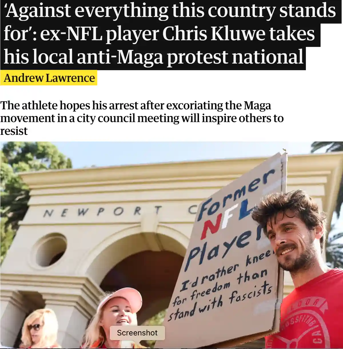 A screenshot of a news article featuring ex-NFL player Chris Kluwe smiling while holding a protest sign that reads 'Former…