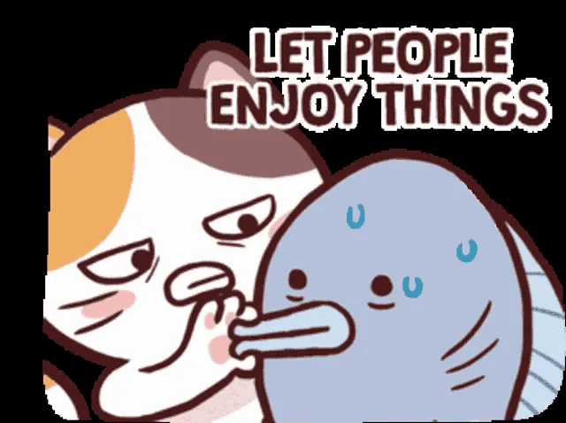 A cartoon cat with orange and white fur is shown whispering into the ear of a blue, round, sweating creature. The cat's…