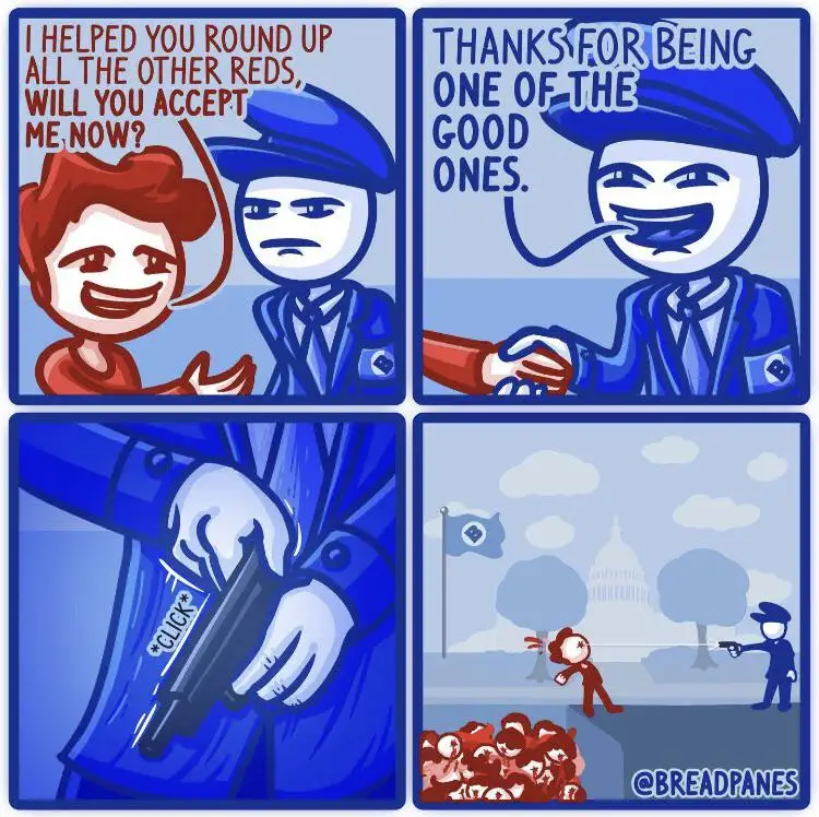 A four-panel comic shows a red-haired person pleading with a blue-uniformed officer to accept them after helping round up…
