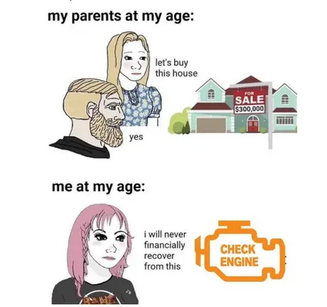 The image is split into two panels. The top panel shows cartoon parents looking at a $300,000 house for sale, with the text…
