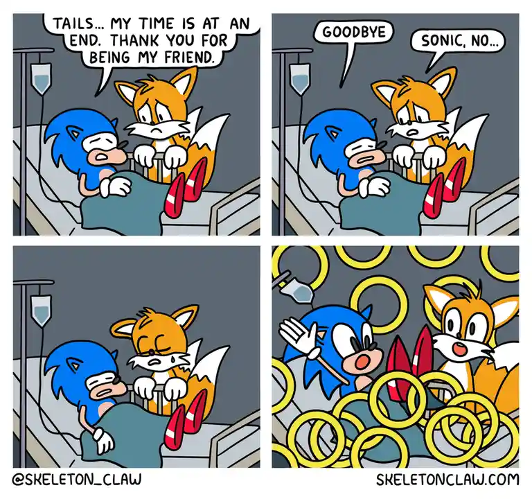 A four-panel comic strip shows Sonic the Hedgehog in a hospital bed, telling his friend Tails he's dying. Tails pleads with…