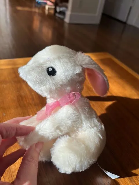 A white plush bunny with pink inner ears and a pink ribbon around its neck is being held by a person's hands on a wooden…