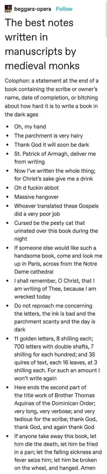 A screenshot of a social media post titled 'The best notes written in manuscripts by medieval monks,' listing humorous…