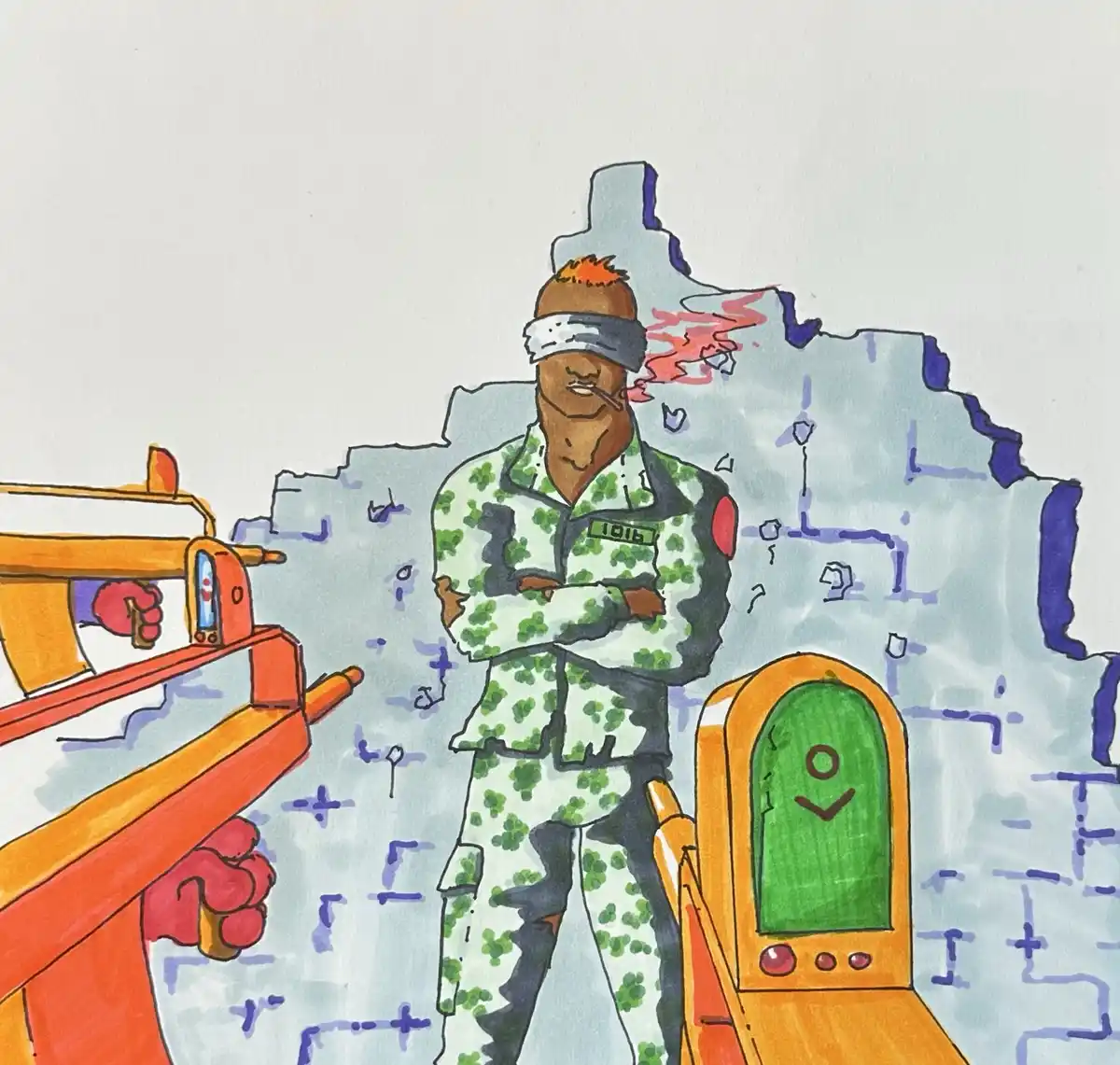 A cartoon soldier wearing a green camouflage uniform and a white blindfold stands confidently with arms crossed, a cigarette…