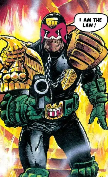 A comic book illustration of a muscular, armored, masked character with a red mask and gold armor, holding a gun and…