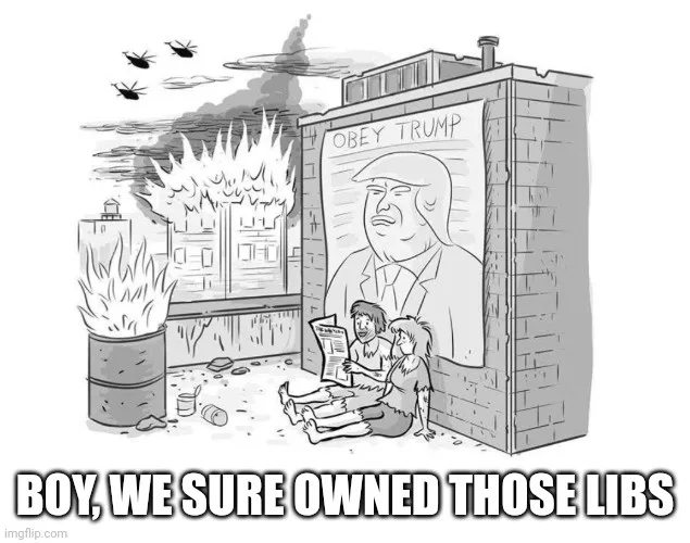 A black-and-white cartoon depicts two ragged people sitting on the ground in front of a burning building, reading a…