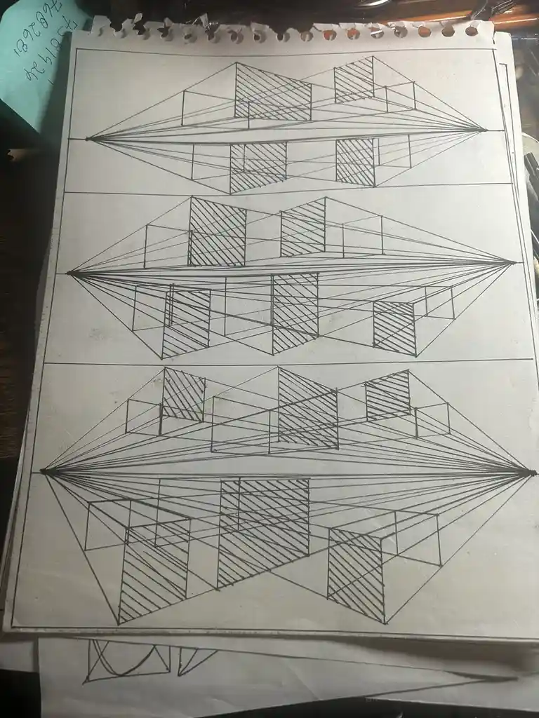 A hand-drawn page shows three rows of perspective drawings of 3D cubes, each row progressively more distorted and…