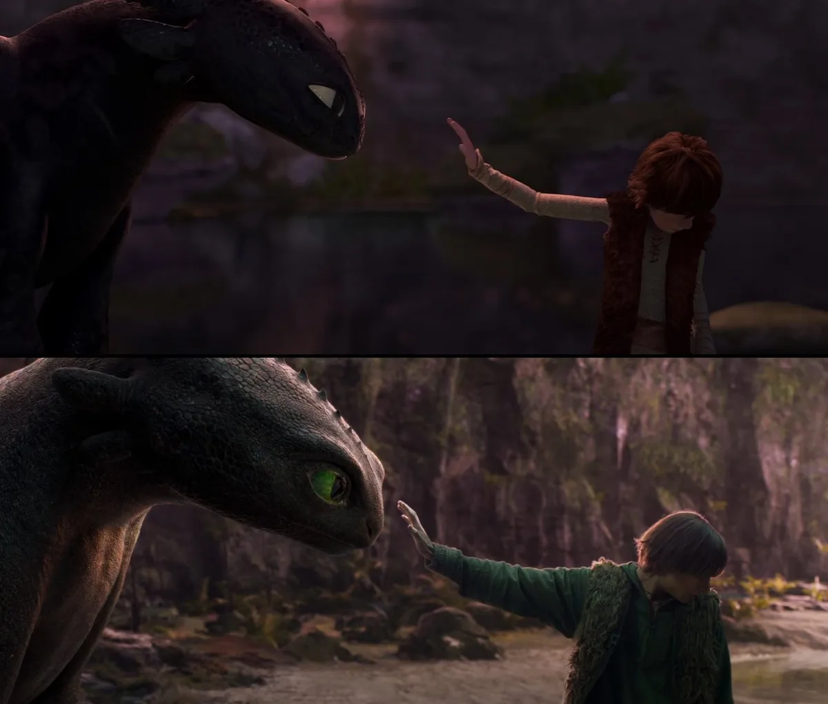 Two panels show a boy reaching out to a dragon. In the top panel, the dragon has dark scales and glowing white eyes, while…