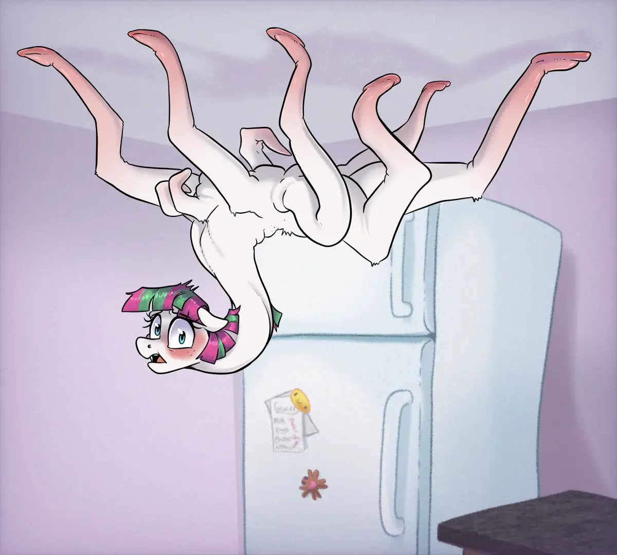 A cartoon pony with pink and green hair is shown upside down, clinging to a refrigerator with multiple limbs extended. The…