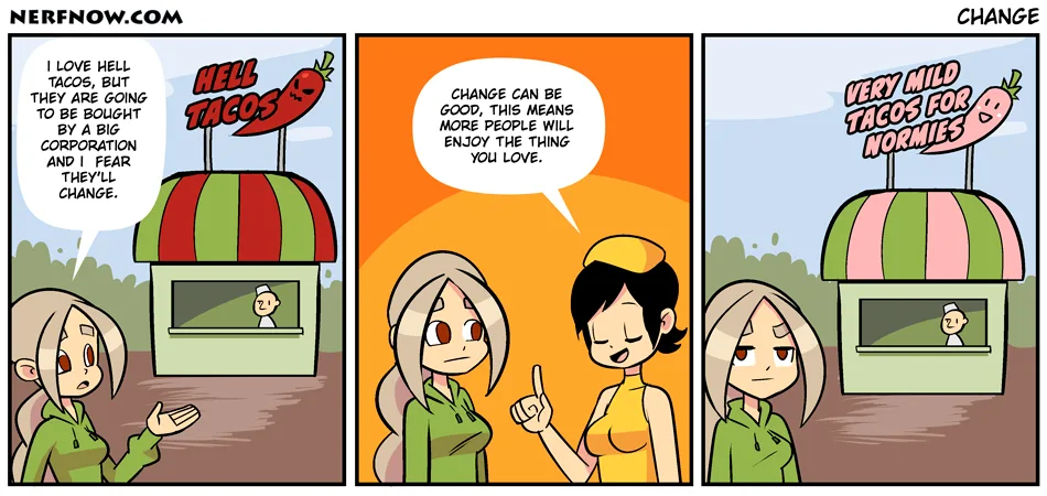 A three-panel comic strip shows a customer worried that 'Hell Tacos' will be changed after being bought by a corporation. A…