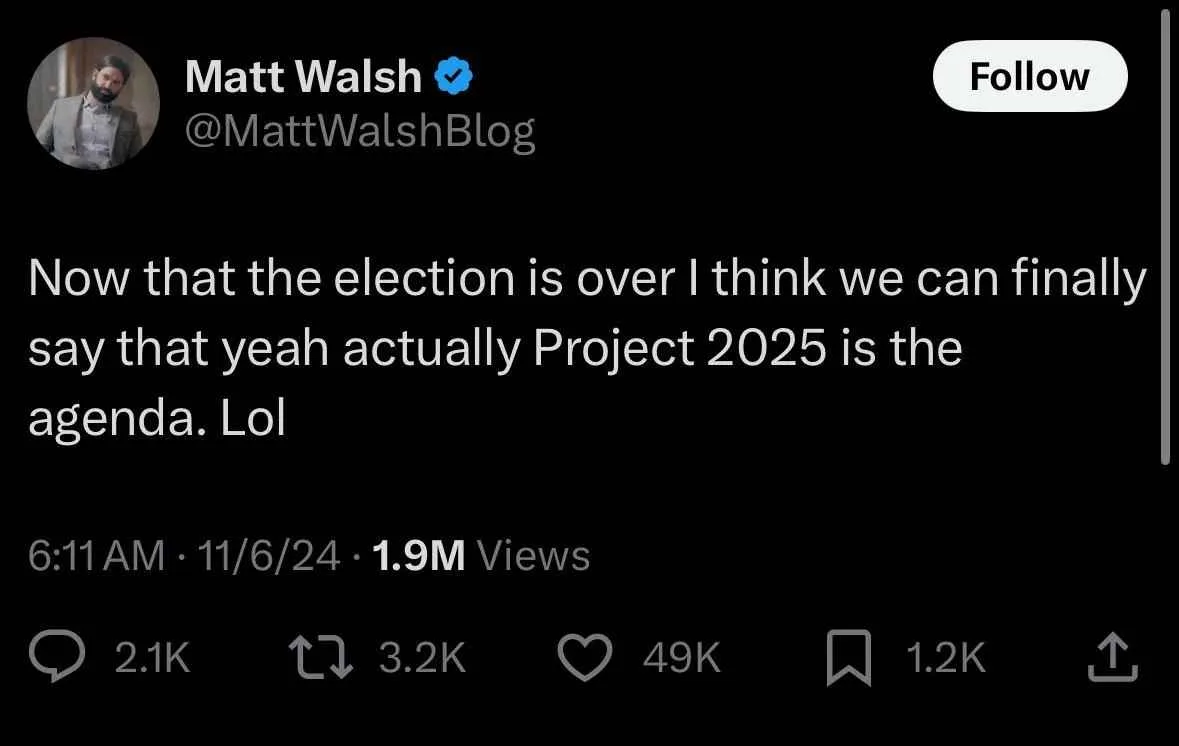 A screenshot of a tweet from verified Twitter account Matt Walsh (@MattWalshBlog) showing his profile picture, username, and…