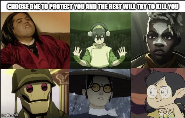A six-panel grid shows six different animated and live-action characters: a man in a red jacket looking relaxed, a…