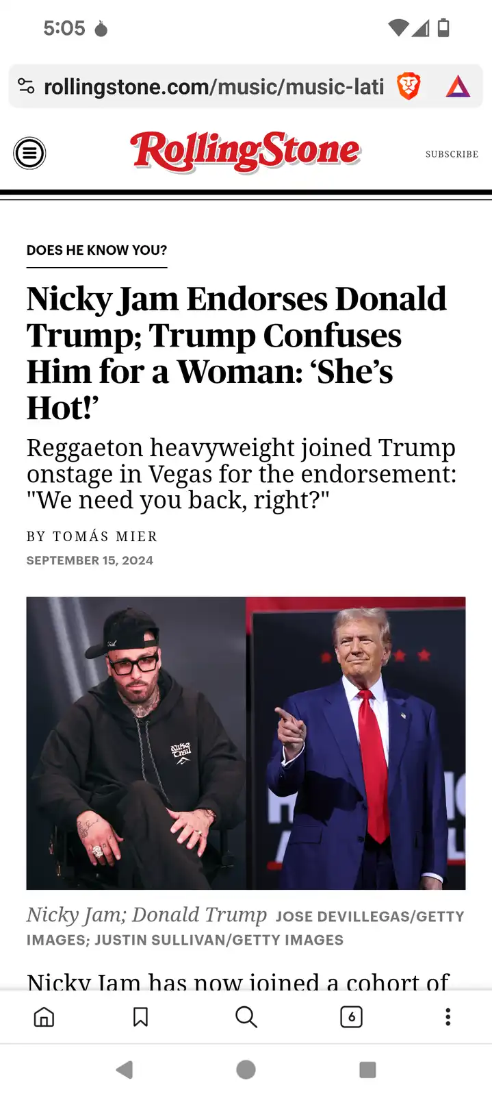 A screenshot of a Rolling Stone article shows a side-by-side photo of reggaeton artist Nicky Jam and former president Donald…